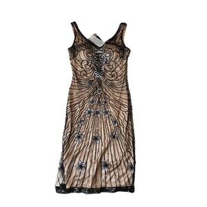 Art Deco Style Beaded Flapper Dress Chelsea Sleeveless Black/Tan Sz 10 NEW $235